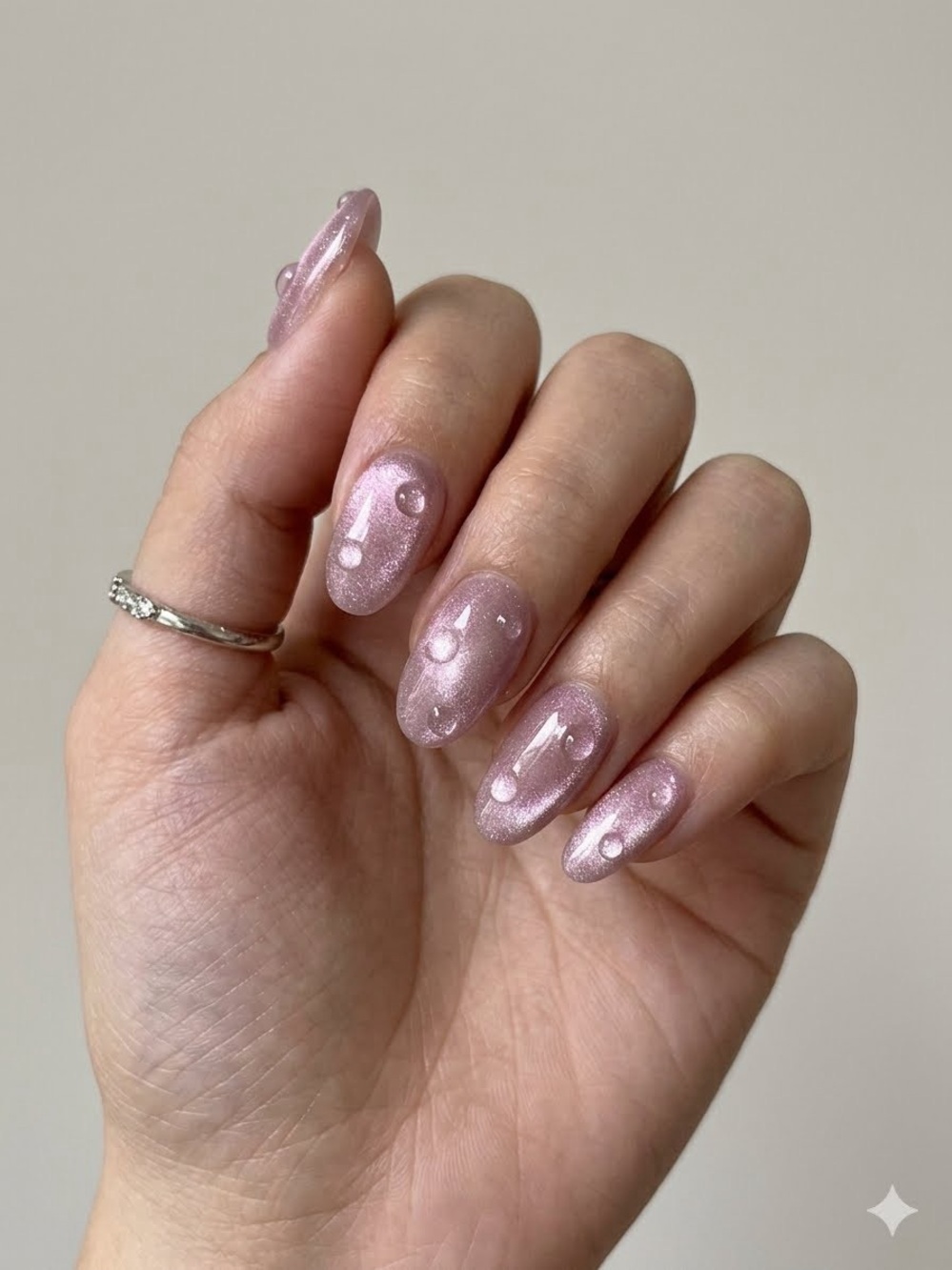 Custom Press On Nails Oval Short Length Glimmer Purple Water Droplets Medium